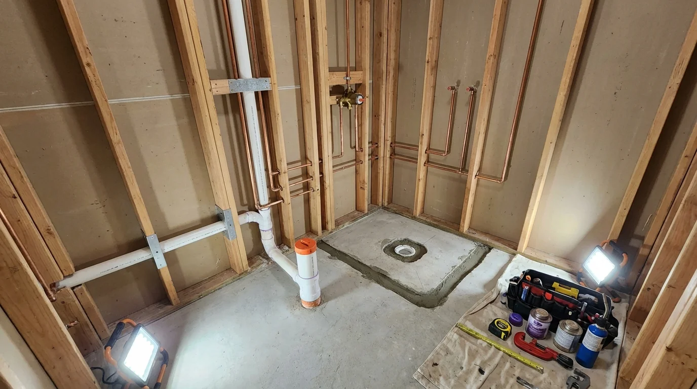 Bathroom rough-in plumbing during remodel by Johns Plumbing LLC in Granite Bay