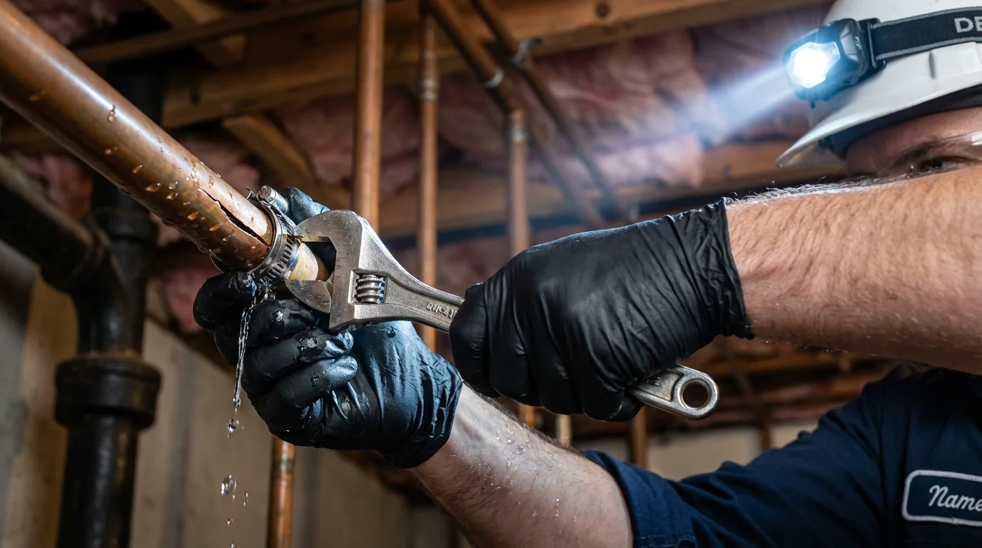 Emergency pipe clamp repair being performed by a Johns Plumbing LLC plumber in Granite Bay