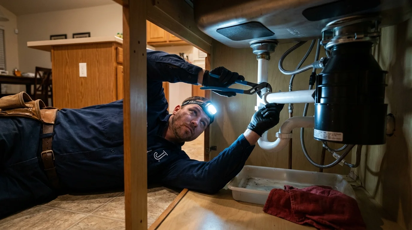 P-trap and supply line connections under a kitchen sink showing a common leak point in Granite Bay, CA